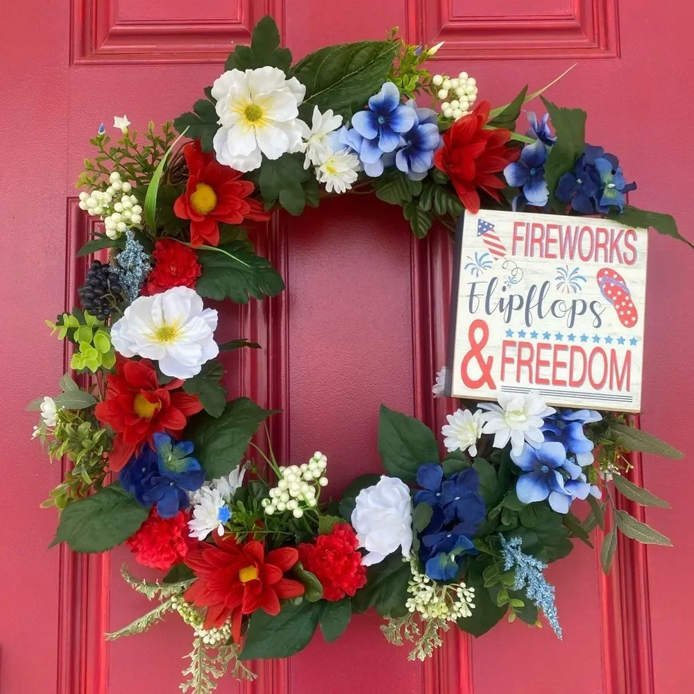 Handmade Americana USA Patriotic Festive Red, White, and Blue Holiday Wreath